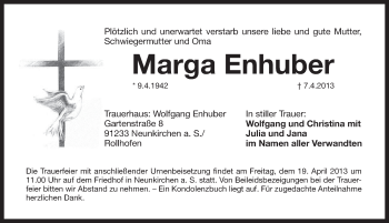 Traueranzeige von Marga Enhuber von Pegnitz-Zeitung